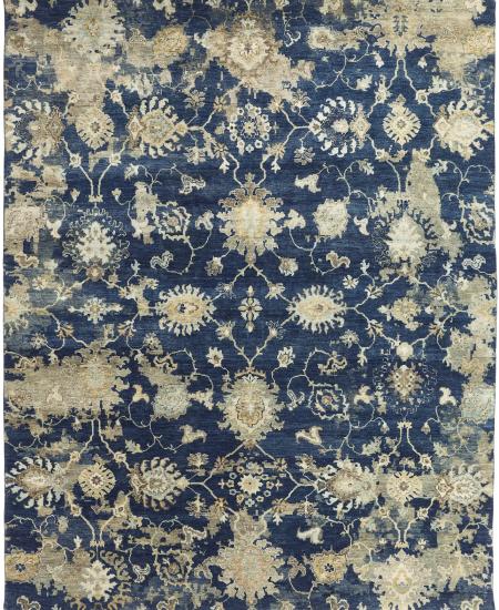 Festive hand-knotted area rug in dark blues with greys.