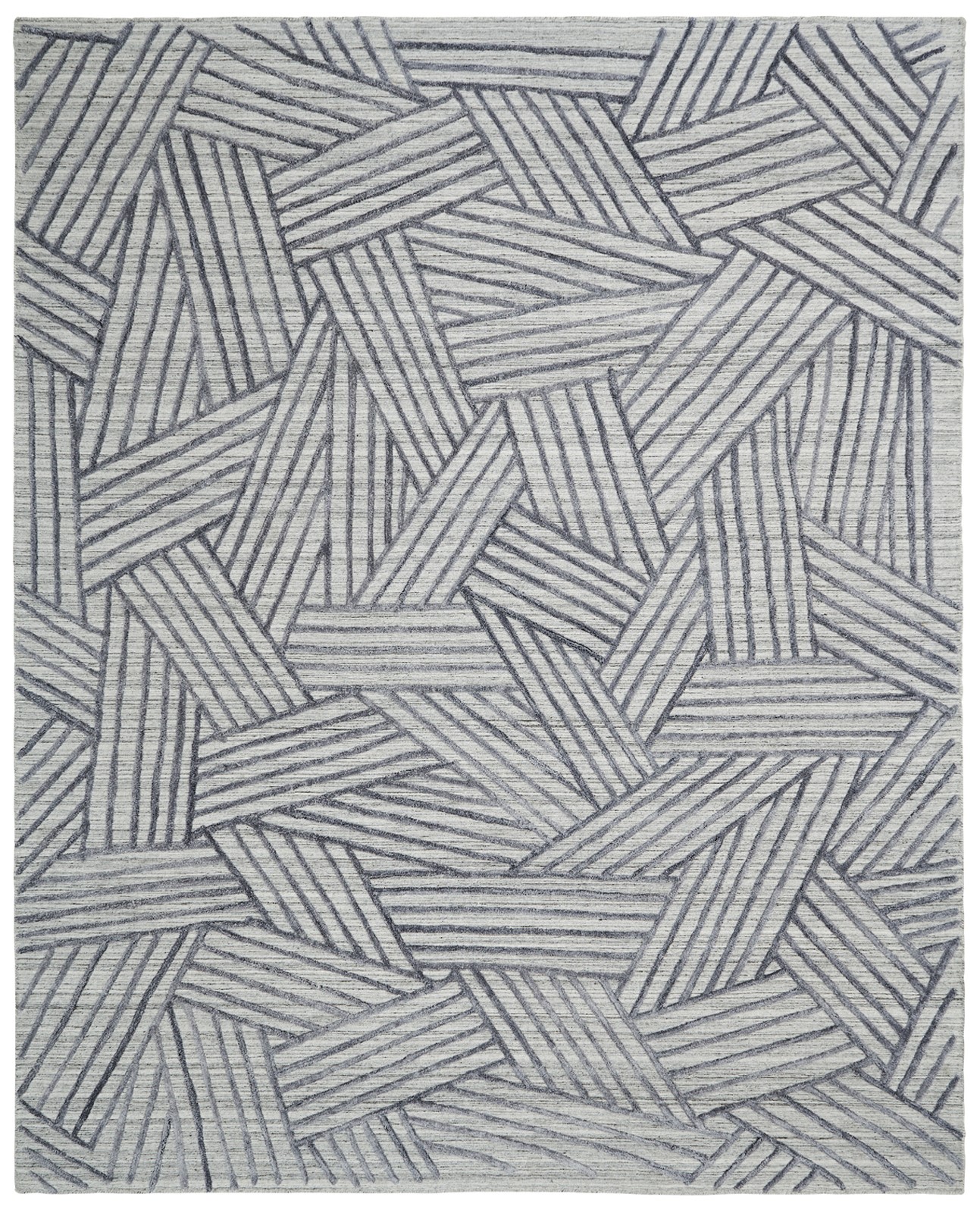 Hand-knotted area rug in abstract weaving pattern in grey and black.