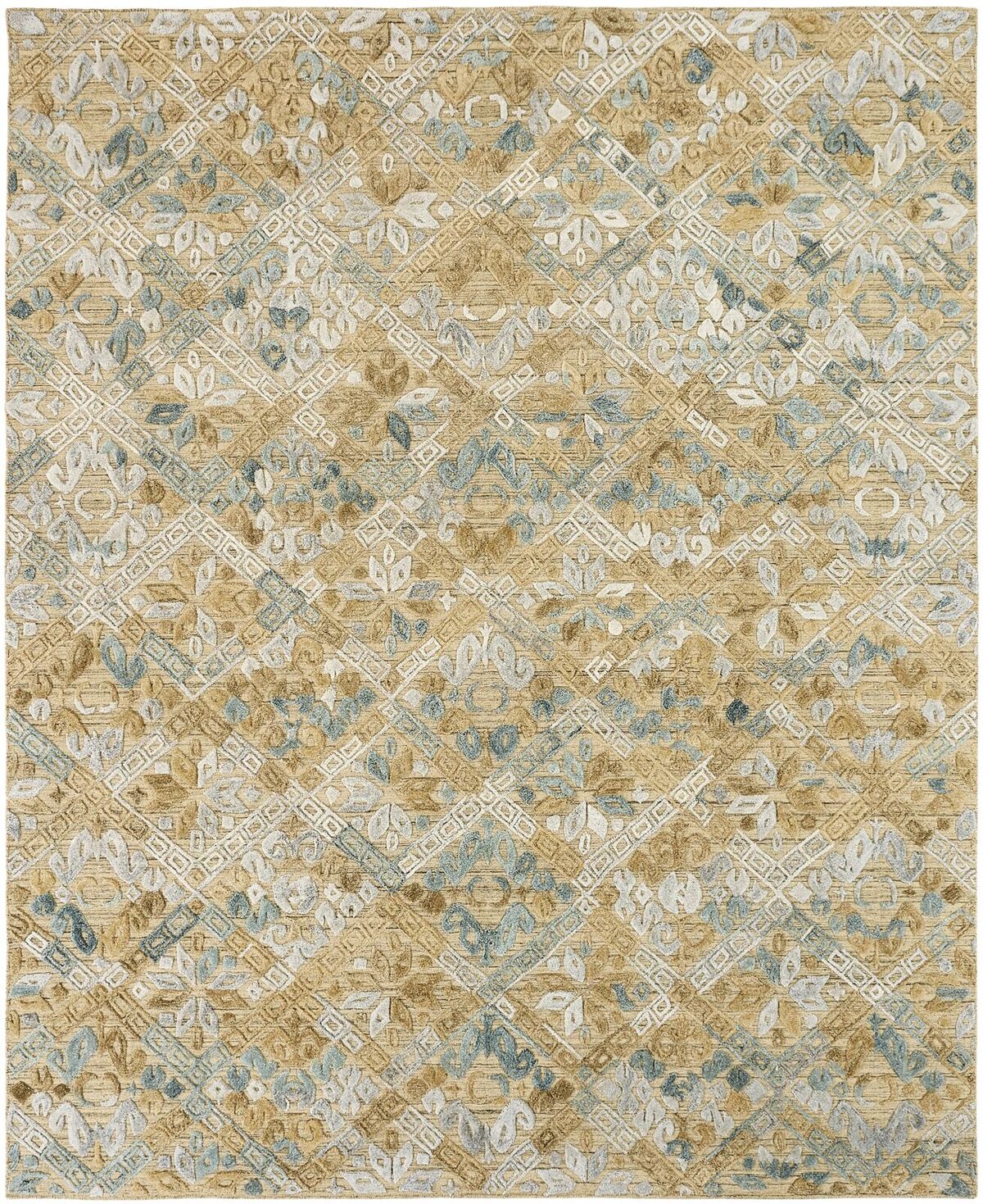 Hand-knotted area rug with geometric pattern in greys, blues and browns.