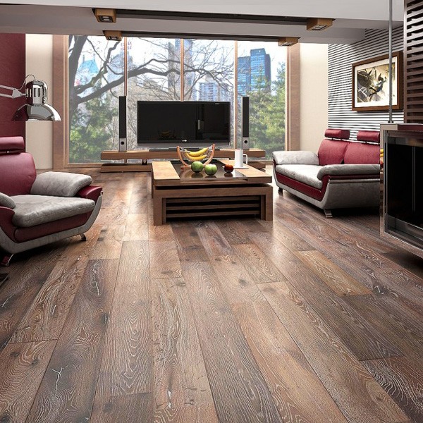 Rustic flooring with cityscape view