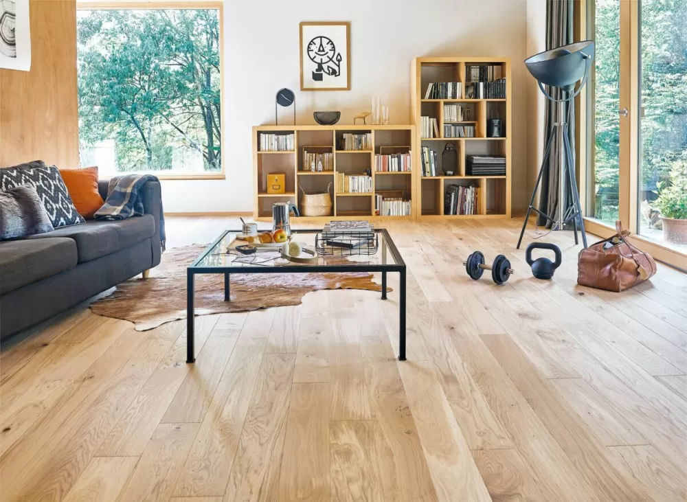 Bright living space with white oak flooring.