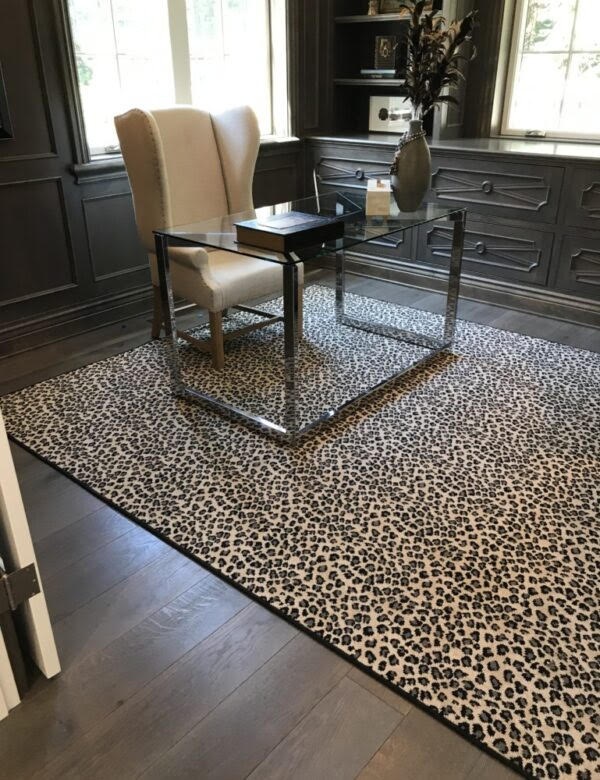 Area rug with leopard print.