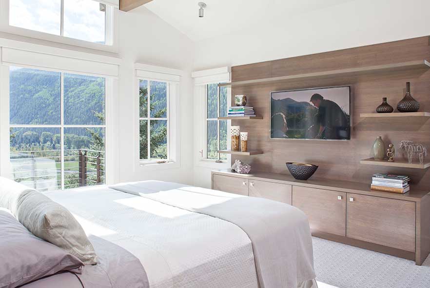 Contermporary bedroom interior with mountain view
