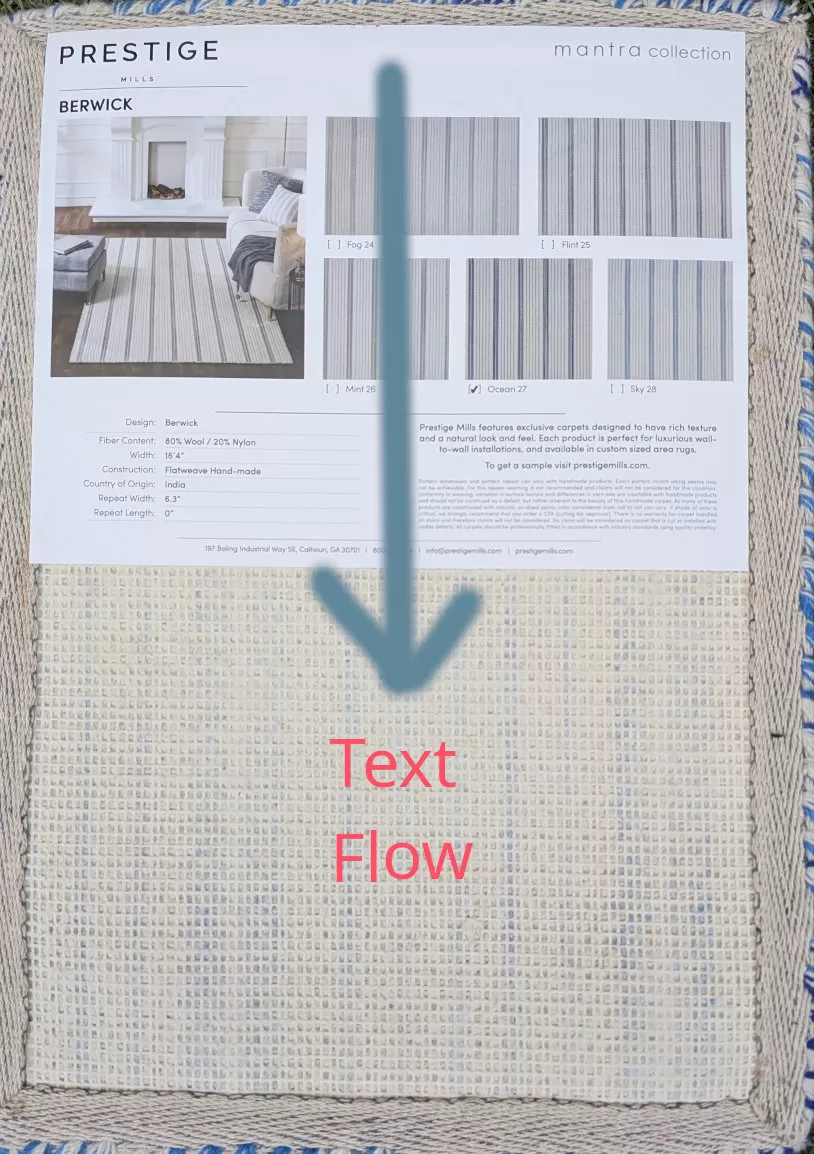Text flow on back is the same as the pattern flow on the rug.