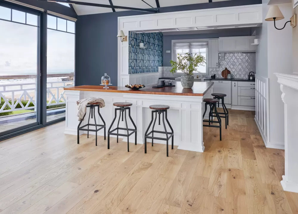 White oak floor with water view.