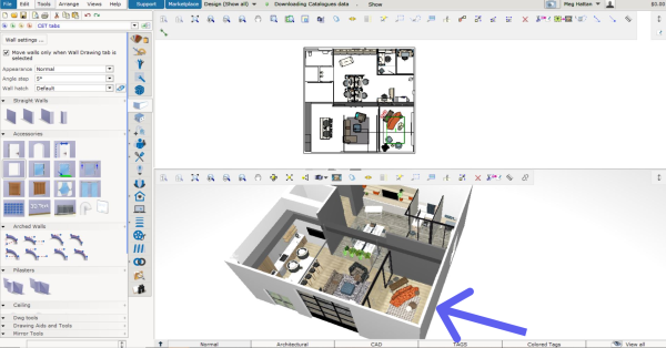Overall office design with arrow pointing to discussed area.