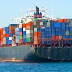 Packed container ship underway