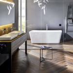 Bathroom with herringbone wood flooring